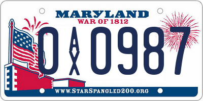 MD license plate 0AX0987