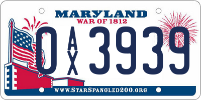 MD license plate 0AX3939