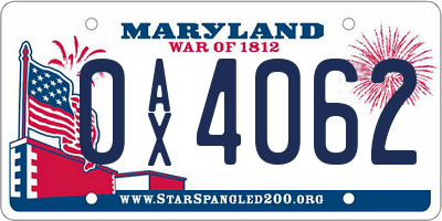 MD license plate 0AX4062