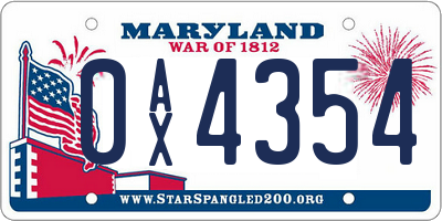 MD license plate 0AX4354
