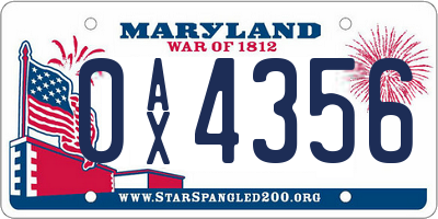MD license plate 0AX4356