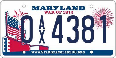 MD license plate 0AX4381