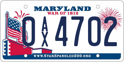 MD license plate 0AX4702