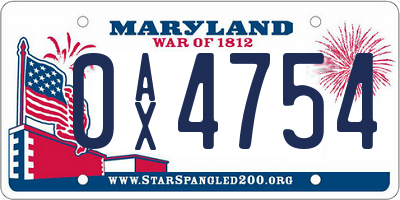 MD license plate 0AX4754