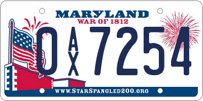 MD license plate 0AX7254