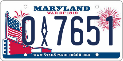 MD license plate 0AX7651