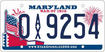 MD license plate 0AX9254