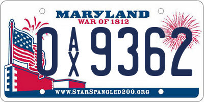 MD license plate 0AX9362