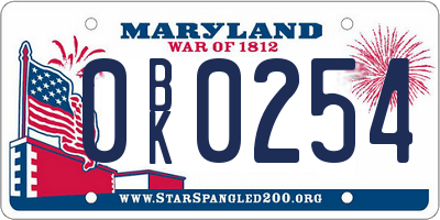 MD license plate 0BK0254