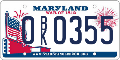 MD license plate 0BK0355