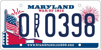 MD license plate 0BK0398