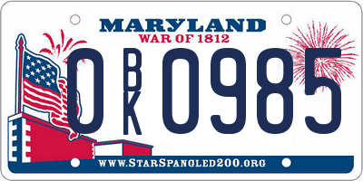 MD license plate 0BK0985