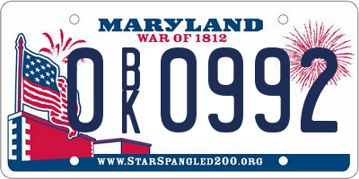 MD license plate 0BK0992
