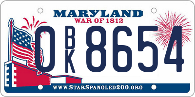 MD license plate 0BK8654