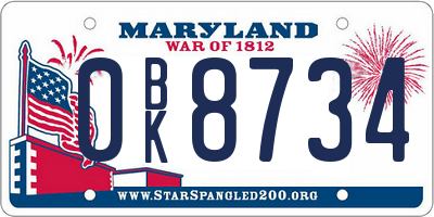 MD license plate 0BK8734
