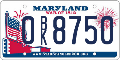 MD license plate 0BK8750