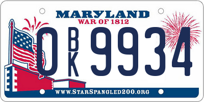 MD license plate 0BK9934