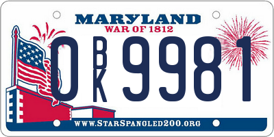 MD license plate 0BK9981