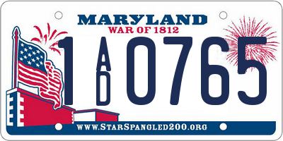 MD license plate 1AD0765