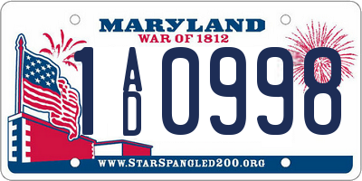 MD license plate 1AD0998