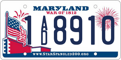 MD license plate 1AD8910