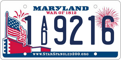 MD license plate 1AD9216