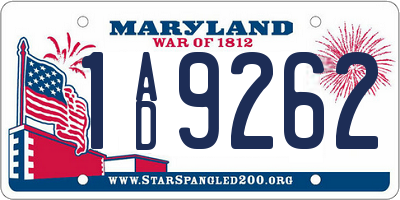 MD license plate 1AD9262