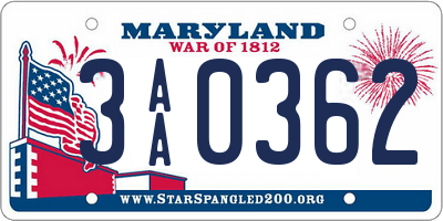 MD license plate 3AA0362