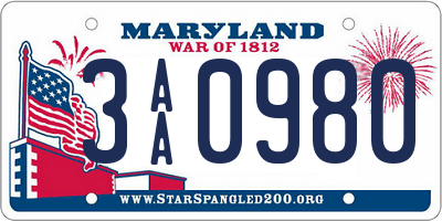 MD license plate 3AA0980