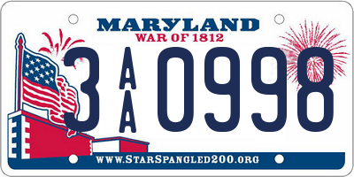 MD license plate 3AA0998