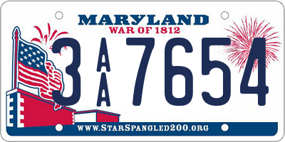 MD license plate 3AA7654