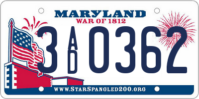 MD license plate 3AD0362