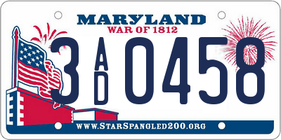 MD license plate 3AD0458