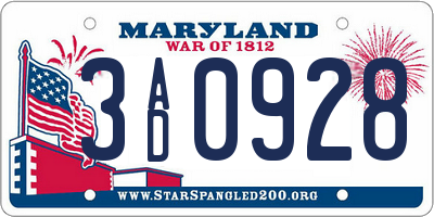 MD license plate 3AD0928