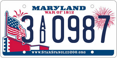 MD license plate 3AD0987