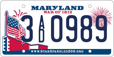 MD license plate 3AD0989
