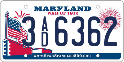 MD license plate 3AD6362