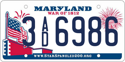 MD license plate 3AD6986