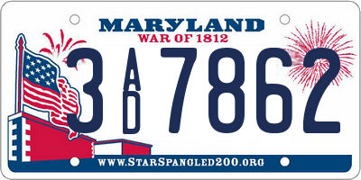 MD license plate 3AD7862