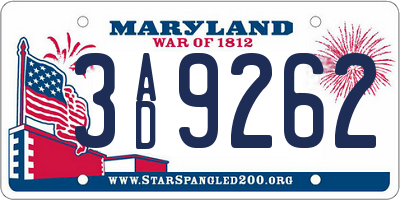 MD license plate 3AD9262