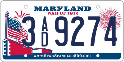 MD license plate 3AD9274