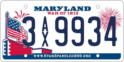 MD license plate 3AX9934