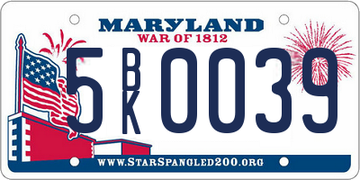 MD license plate 5BK0039