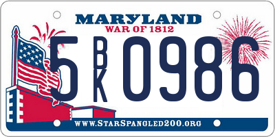 MD license plate 5BK0986