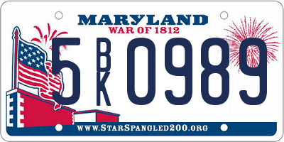 MD license plate 5BK0989
