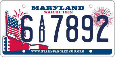 MD license plate 6AD7892