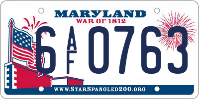 MD license plate 6AF0763