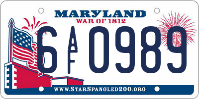 MD license plate 6AF0989