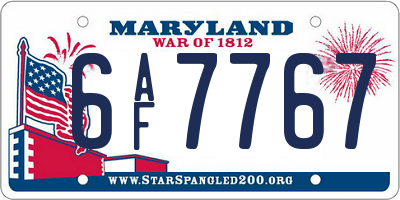 MD license plate 6AF7767