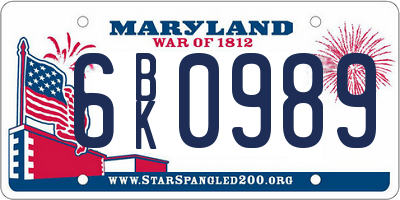 MD license plate 6BK0989